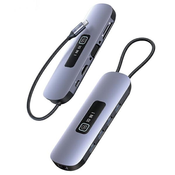 USAMS adapteris HUB 10w1 3xUSB 3.0/TF/SD/ USB-C/HDMI/RJ45/VGA PD100W tumšs SJ644HUB01 (US-SJ644)