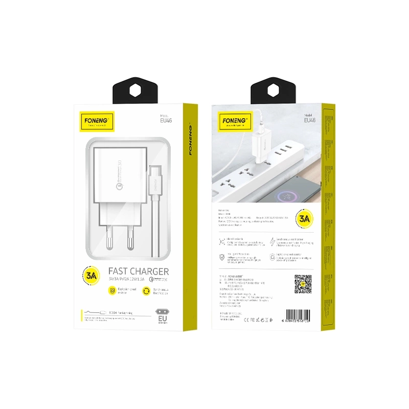 FONENG tīkla lādētājs EU46 18W 1xUSB QC3.0 + kabelis Micro USB balts