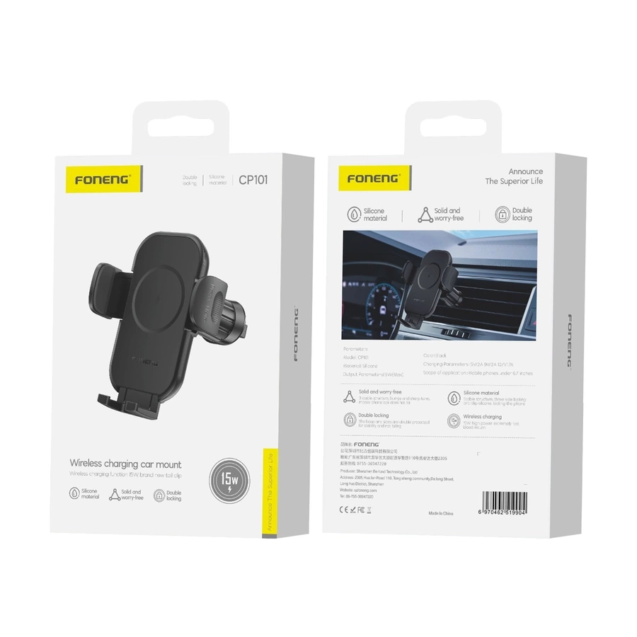 Foneng CP101 automašīnas režģa stiprinājums ar 15 W bezvadu lādētāju (melns)