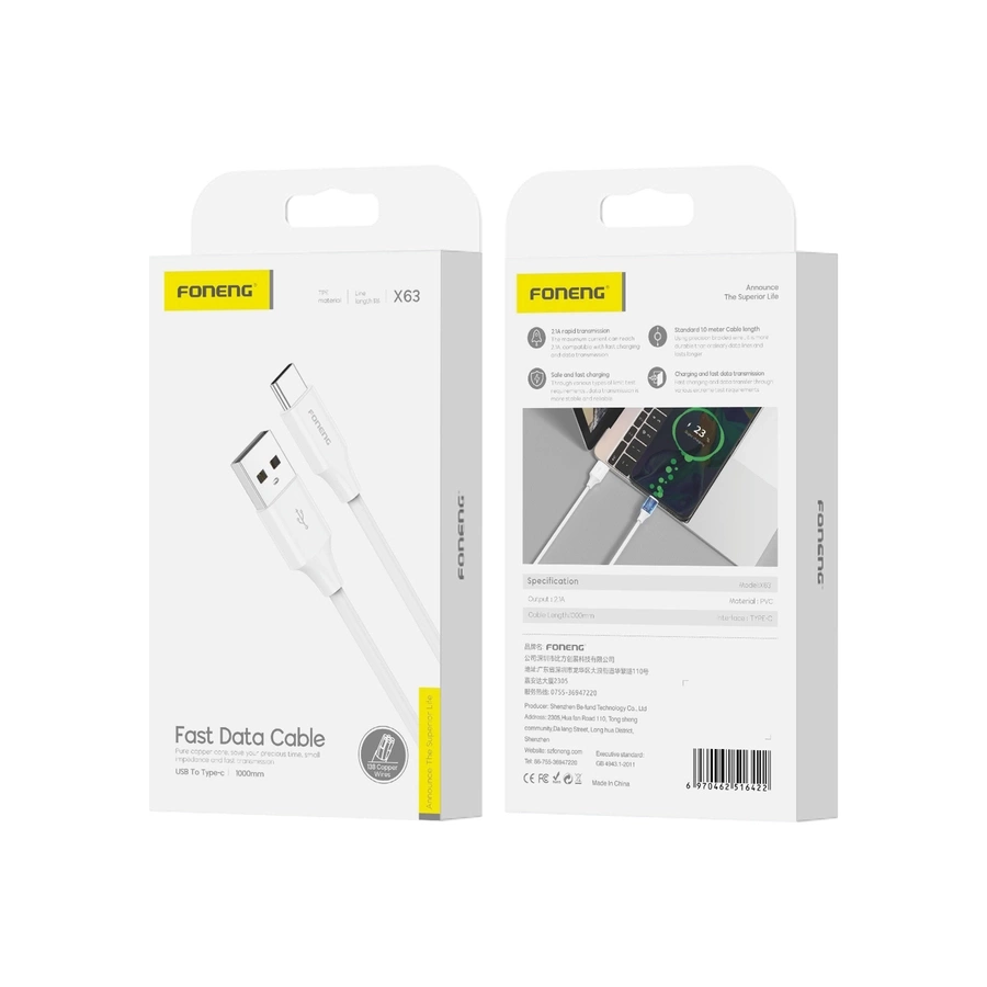 FONENG kabelis X63 USB-C 2.1A 1M balts