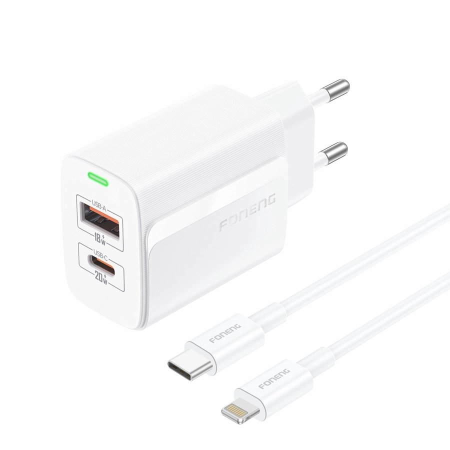 FONENG tīkla lādētājs EU66 PD 20W 1xUSB-C + 1xUSB QC3.0 + kabelis USB-C - Lightning balts