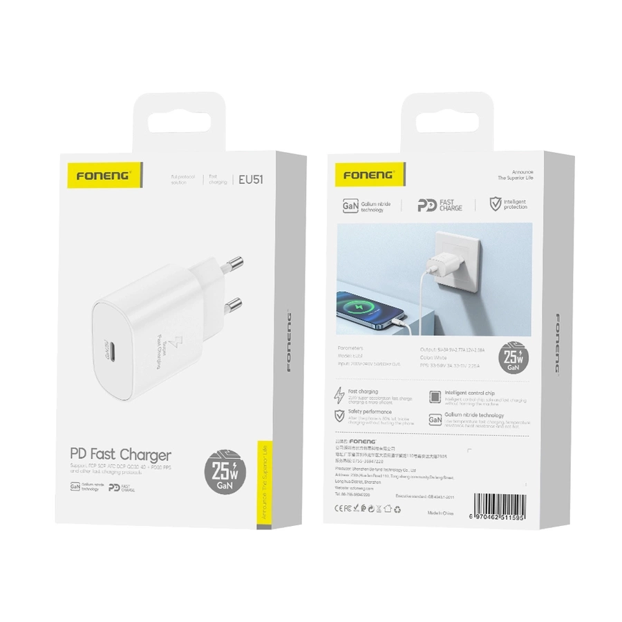 FONENG tīkla lādētājs EU51 GaN PD 25W 1xUSB-C balts