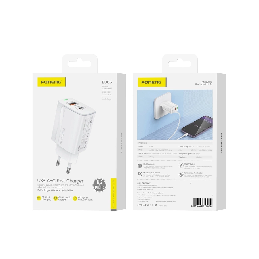 FONENG tīkla lādētājs EU66 PD 20W 1xUSB-C + 1xUSB QC3.0 balts