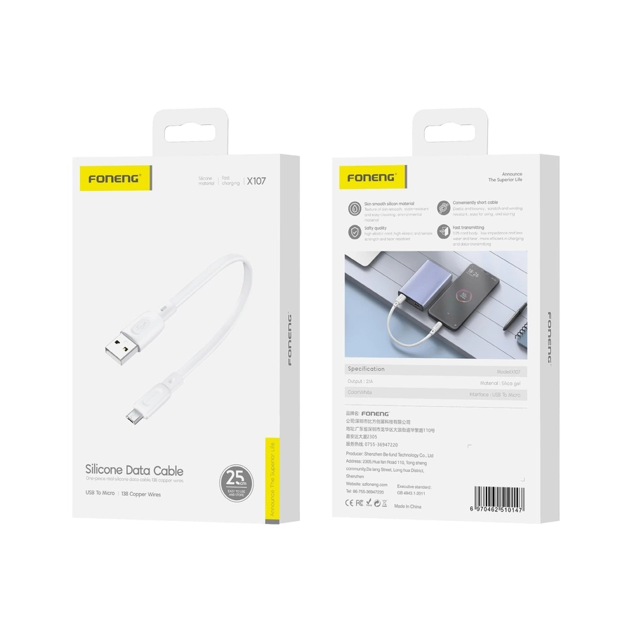 FONENG kabelis X107 Micro USB 2.1A 0.25M balts