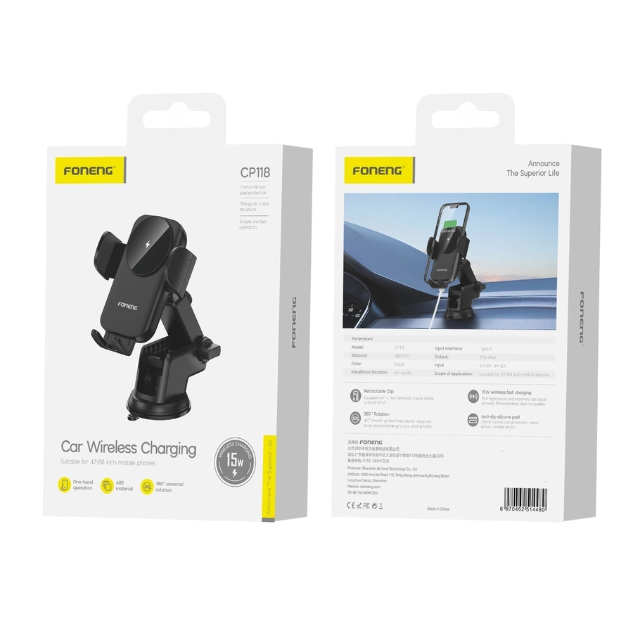 FONENG auto turētājs ar bezvadu uzlādi CP118 15W melns