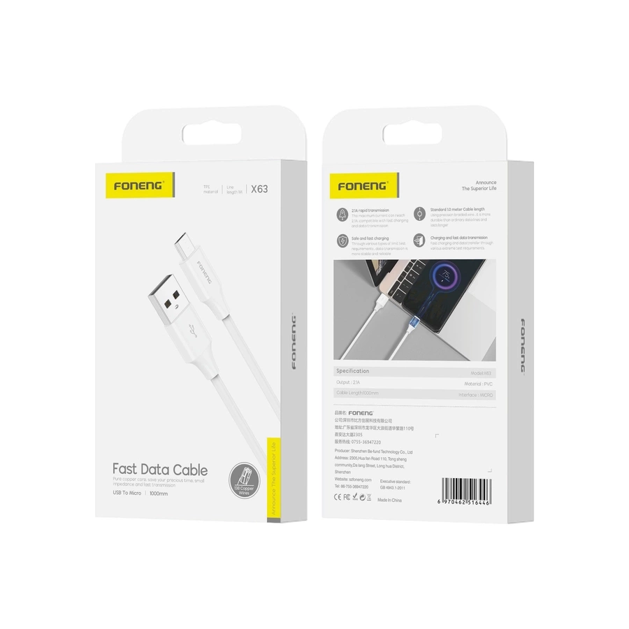 FONENG kabelis X63 Micro USB 2.1A 1M balts