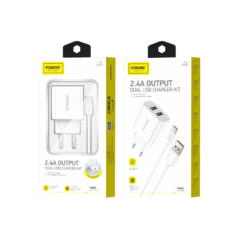 FONENG tīkla lādētājs EU45 2.4A 12W 2xUSB + kabelis USB-C balts