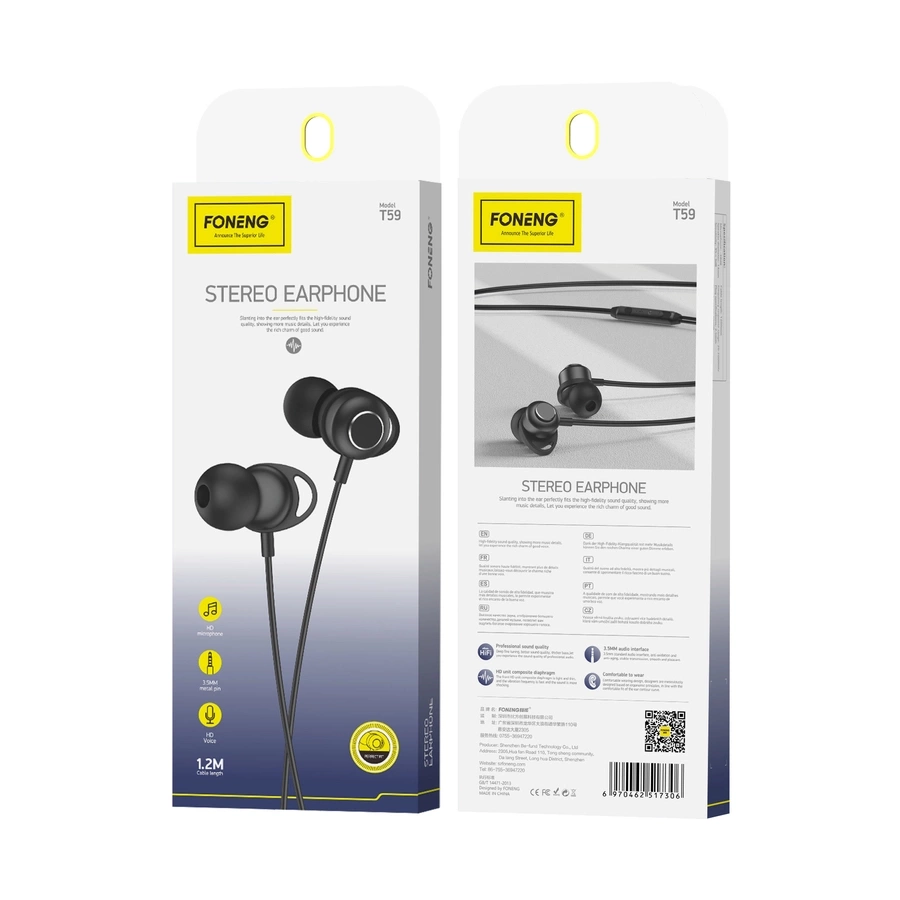 FONENG vadu austiņas T59 JACK 3.5MM ar mikrofonu 1.2M melns