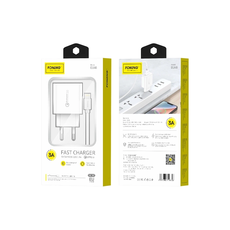 FONENG tīkla lādētājs EU46 18W 1xUSB QC3.0 + kabelis Lightning balts