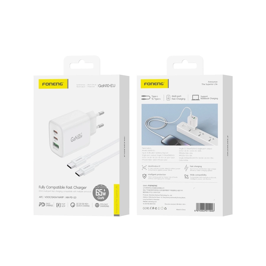 FONENG tīkla lādētājs GaN10-EU GaN PD 65W 2xUSB-C + 1xUSB QC3.0 + kabelis USB-C - USB-C balts
