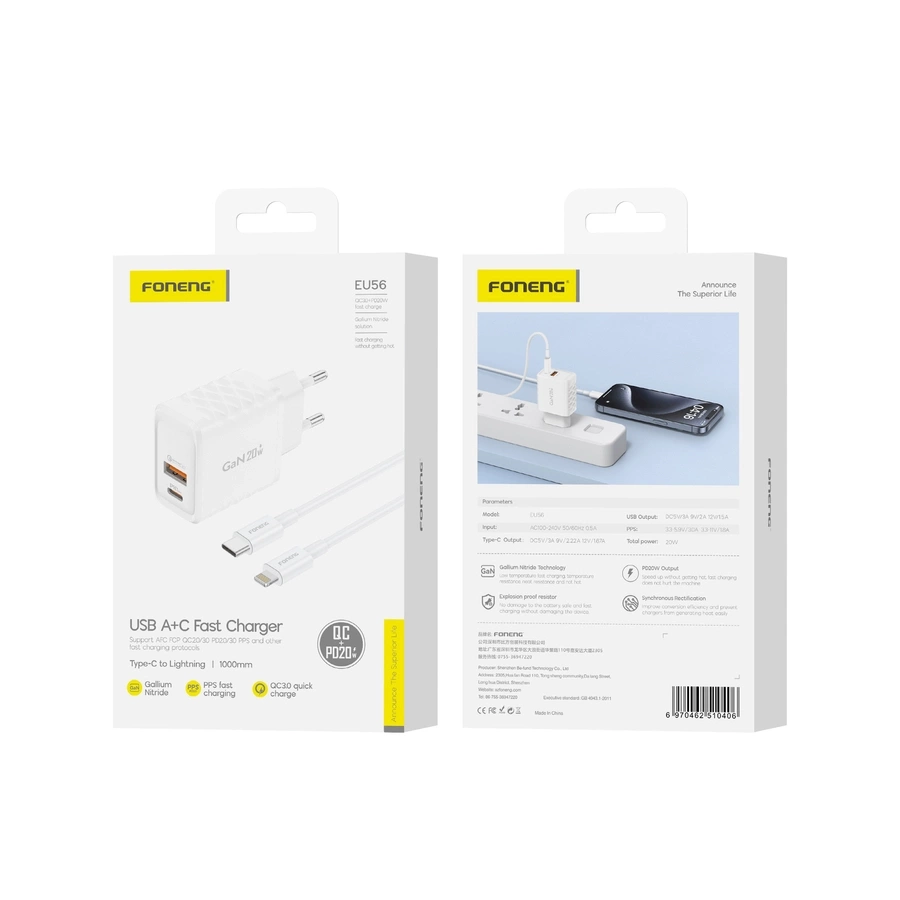 FONENG tīkla lādētājs EU56 GaN PD 20W 1xUSB-C + 1xUSB QC3.0 + kabelis USB-C - Lightning balts