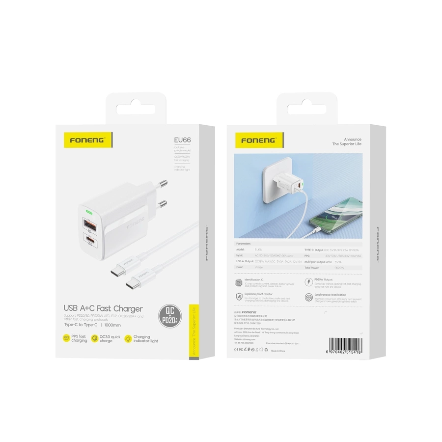 FONENG tīkla lādētājs EU66 PD 20W 1xUSB-C + 1xUSB QC3.0 + kabelis USB-C - USB-C balts