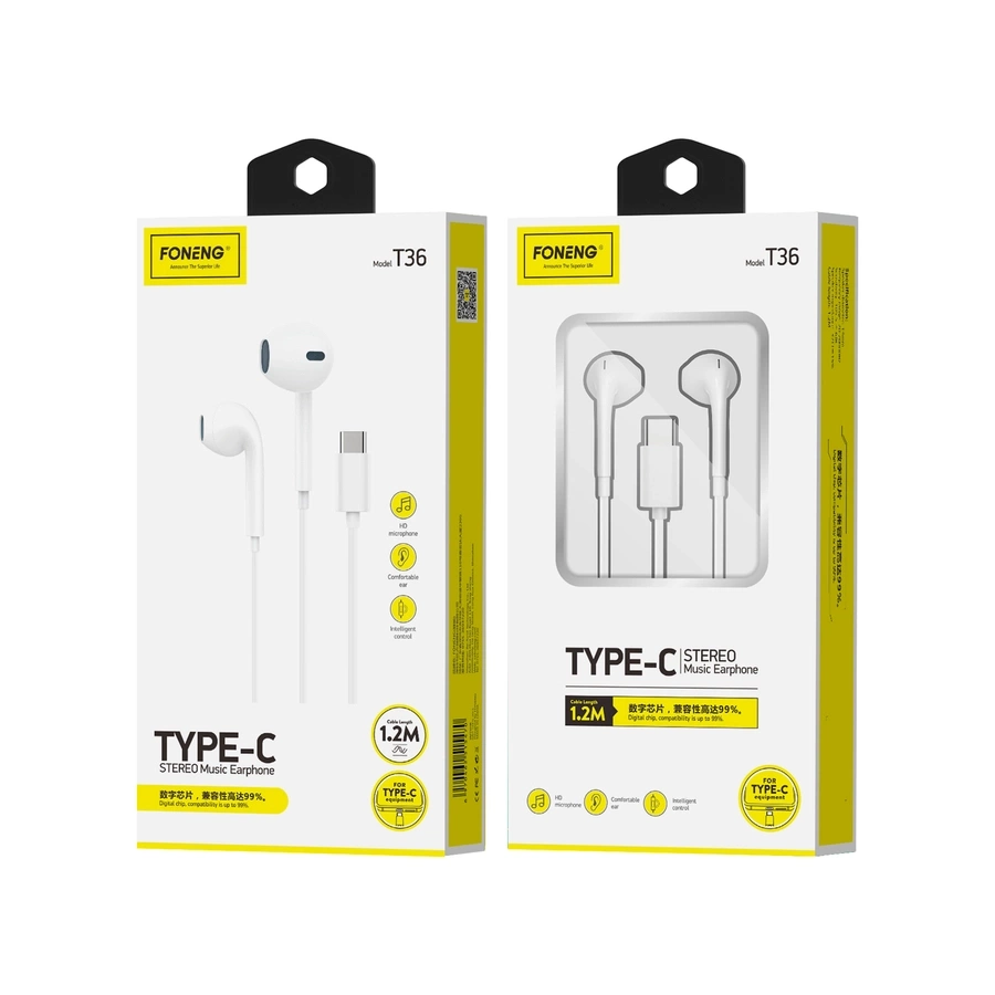 FONENG vadu austiņas T36 USB-C ar mikrofonu 1.2M balts