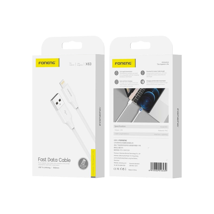FONENG kabelis X63 Lightning 2.1A 1M balts