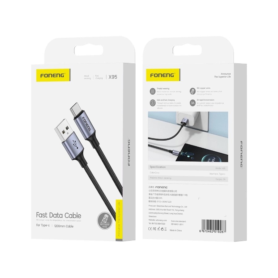 FONENG kabelis X95 USB-C 3A 1.2M melns