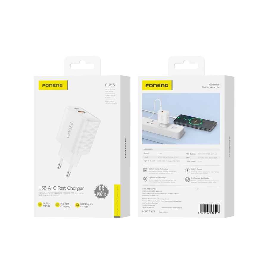 FONENG tīkla lādētājs EU56 GaN PD 20W 1xUSB-C + 1xUSB QC3.0 balts