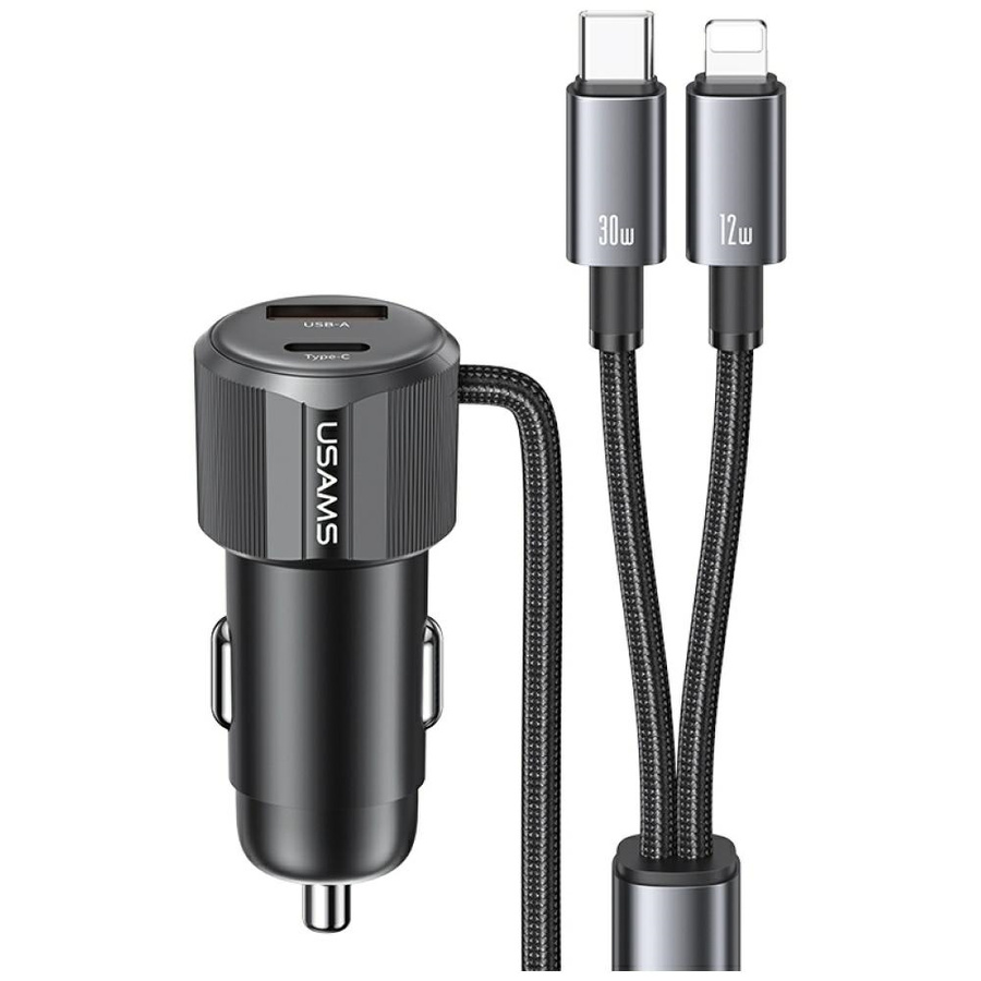 Auto lādētājs USAMS YT Series CC287 66W 1xUSB-A 1xUSB-C + kabelis 2w1 USB-C/Lightning tumšs