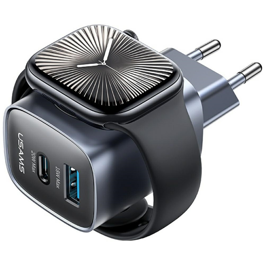 Tīkla lādētājs USAMS CC293 T67 20W iWatch 1xUSB-C 1xUSB-A tumšs