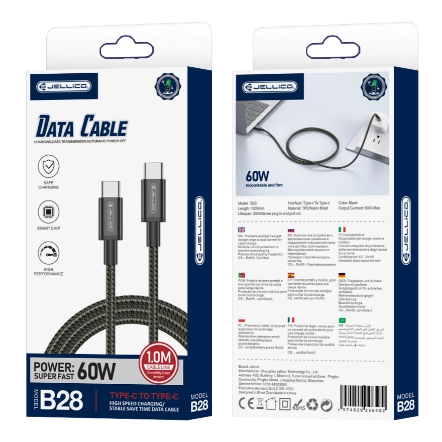 JELLICO kabelis B28 USB-C - USB-C PD 60W 1M melns