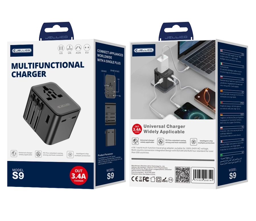 JELLICO universāls ceļojumu adapteris S9 PD 2xUSB-C + 1xUSB 3.4A Max 2500W melns