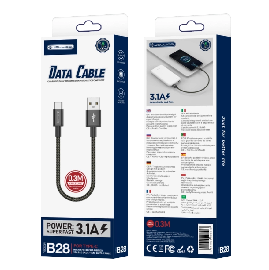 JELLICO kabelis B28 USB-C 3.1A 0.3M melns