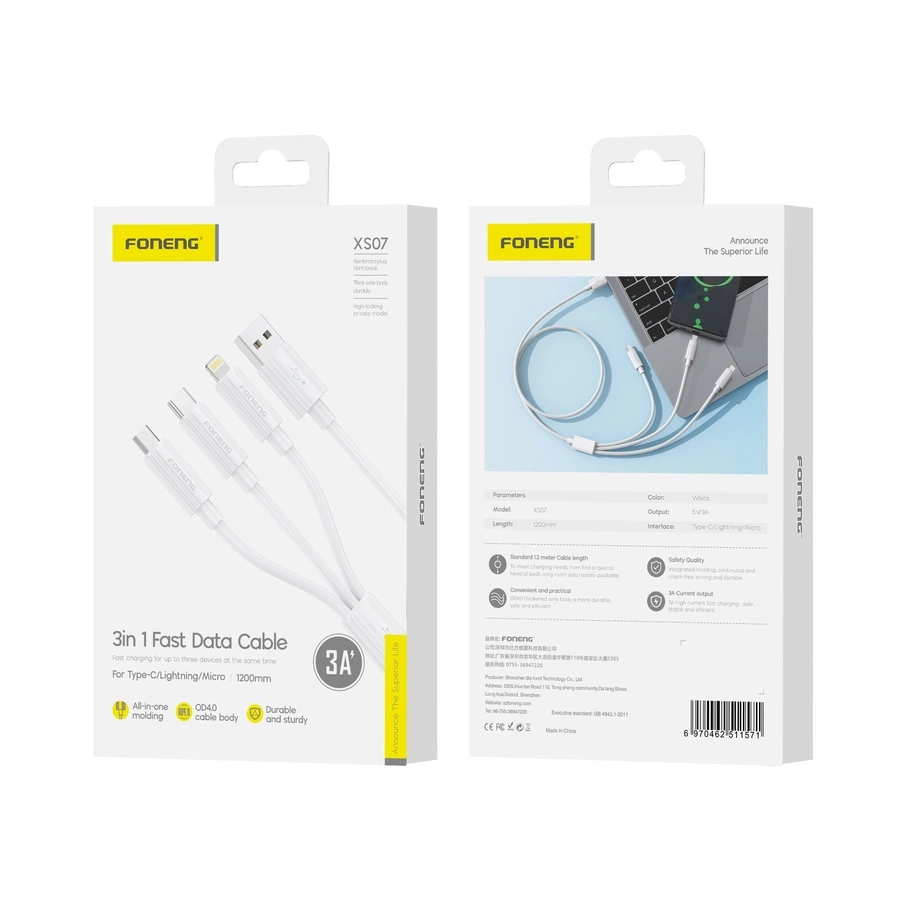 FONENG kabelis XS07 3in1 3A 1.2M balts