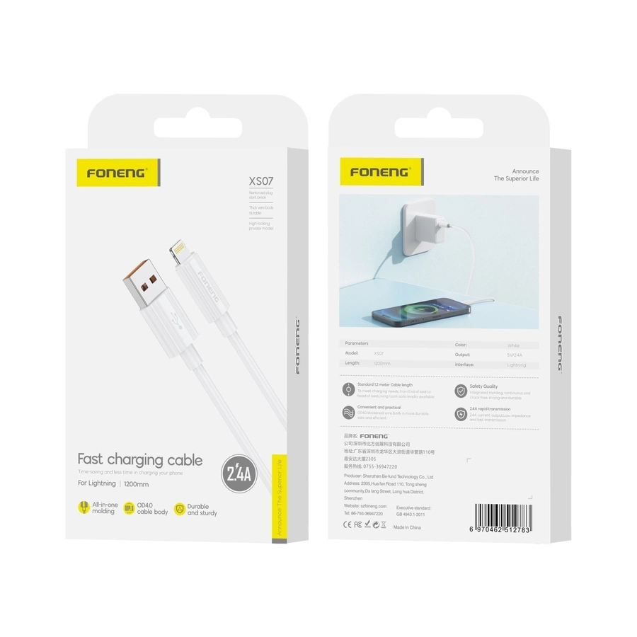 FONENG kabelis XS07 Lightning 2.4A 1M balts