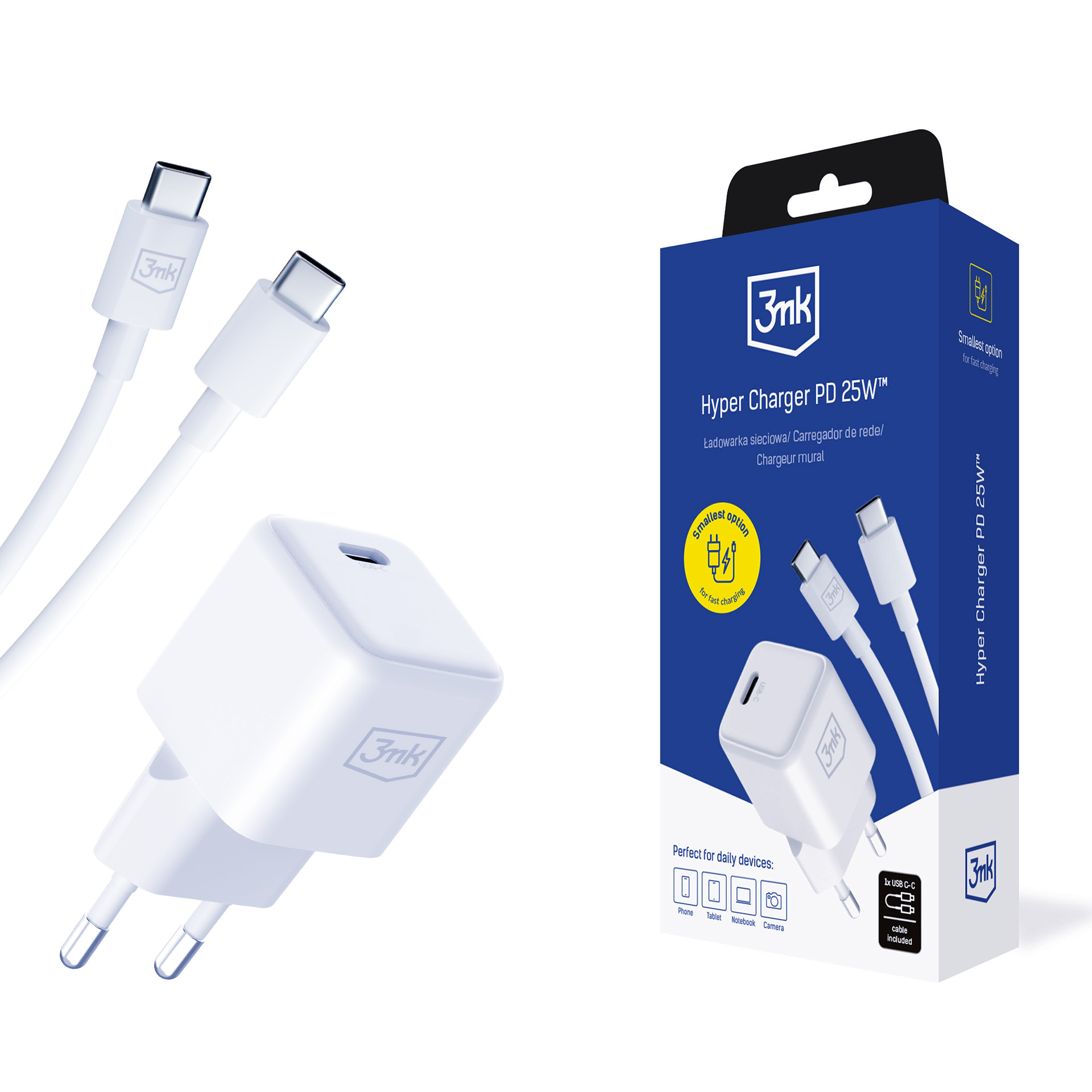 3mk Hyper Charger PD GaN 25W sienas lādētājs ar USB-C kabeli - Balts