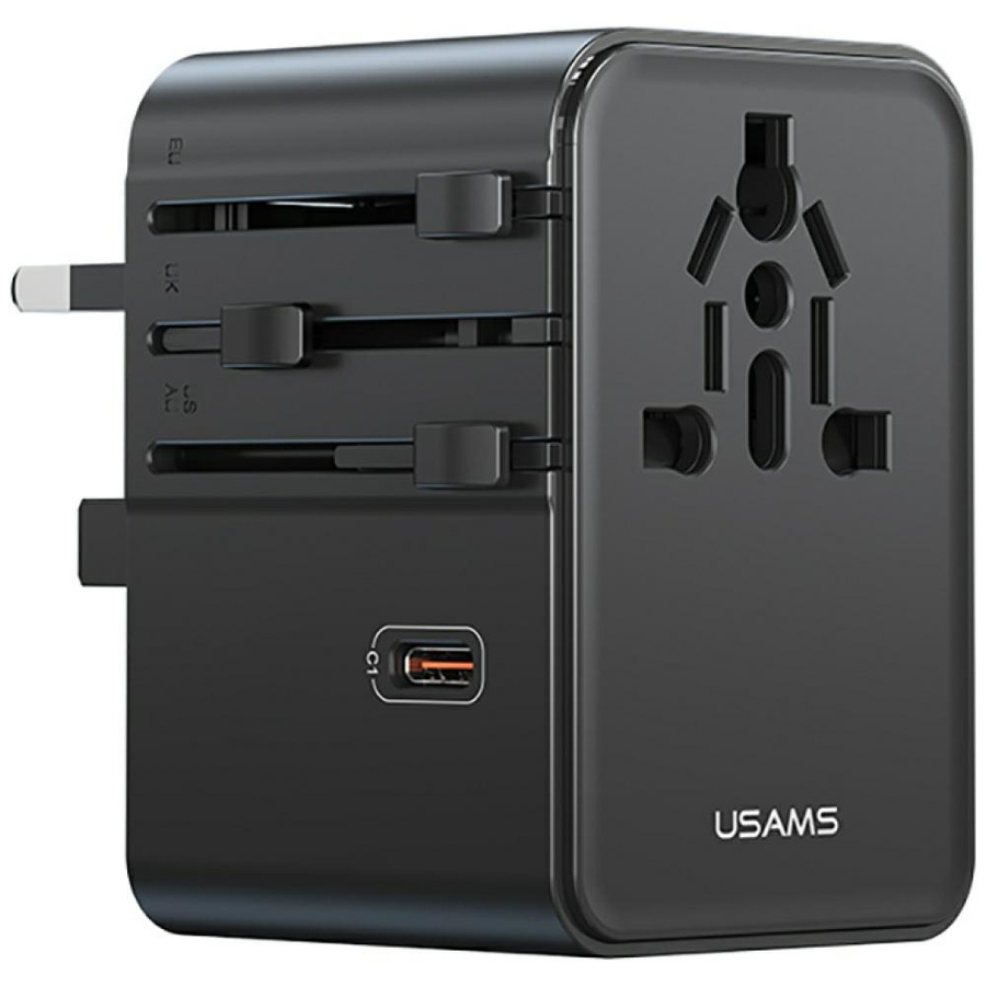 Tīkla lādētājs USAMS Travel Adapter CC310 3xUSB-C 70W 4in1 US/AU/EU/UK melns