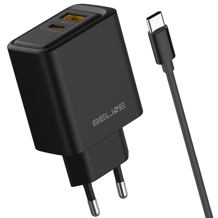 Tīkla lādētājs Beline 45W USB-A/USB-C + USB-C/USB-C kabelis BLN2CB45C melns