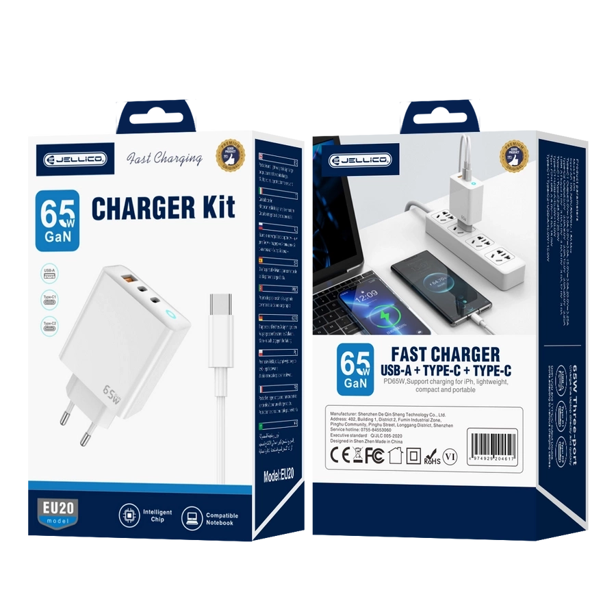 JELLICO tīkla lādētājs EU20 GaN PD 65W 2xUSB-C + 1xUSB QC3.0 + kabelis USB-C - USB-C balts