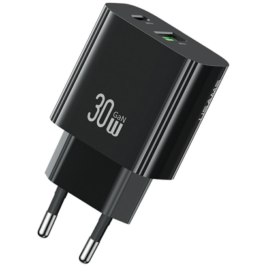 Tīkla lādētājs USAMS CC316 T65 30W 1xUSB-C 1xUSB-A Fast Charging melns