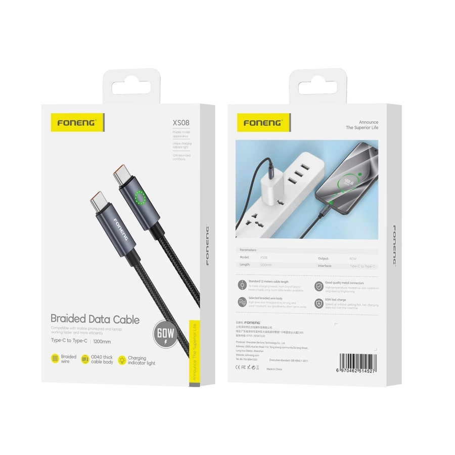 FONENG kabelis XS08 USB-C - USB-C PD 60W 1.2m melns