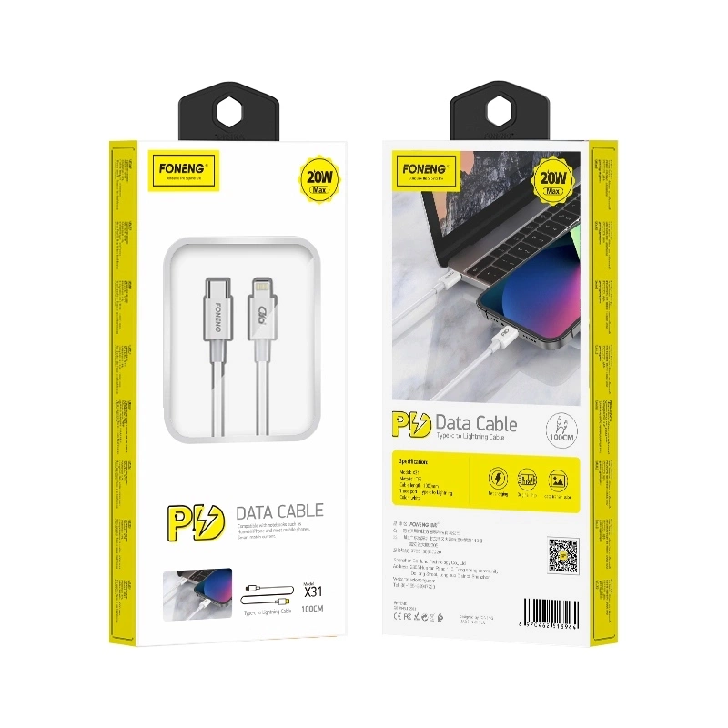 FONENG kabelis X31 USB-C - Lightning PD 27W 1M balts