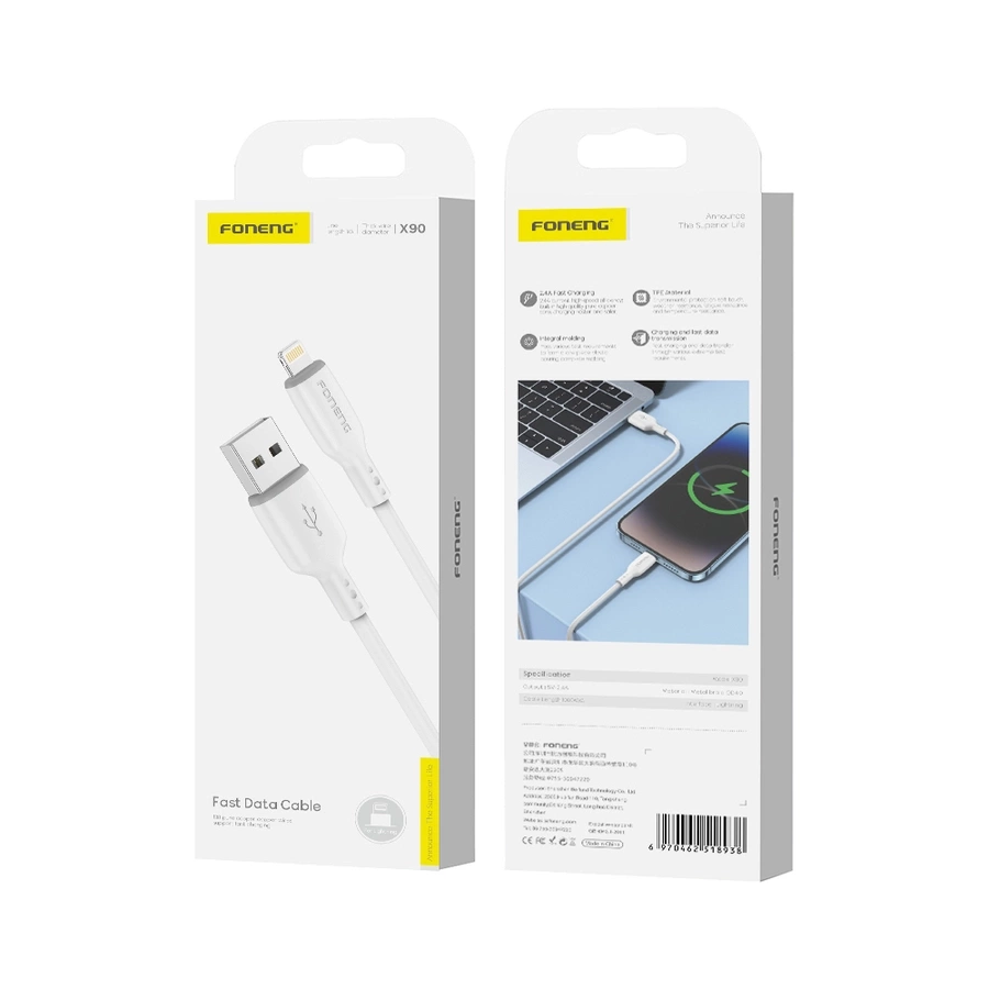 FONENG kabelis X90 Lightning 2.4A 1M balts