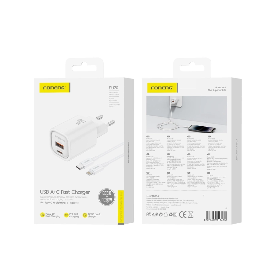 FONENG sienas lādētājs EU70 PD 20W 1xUSB-C + 1xUSB QC3.0 + kabelis USB-C - Lightning balts