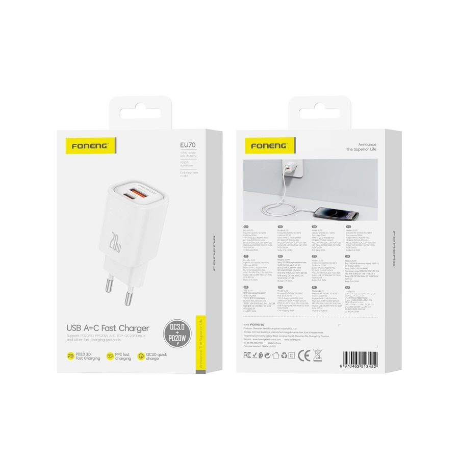 FONENG sienas lādētājs EU70 PD 20W 1xUSB-C + 1xUSB QC3.0 balts