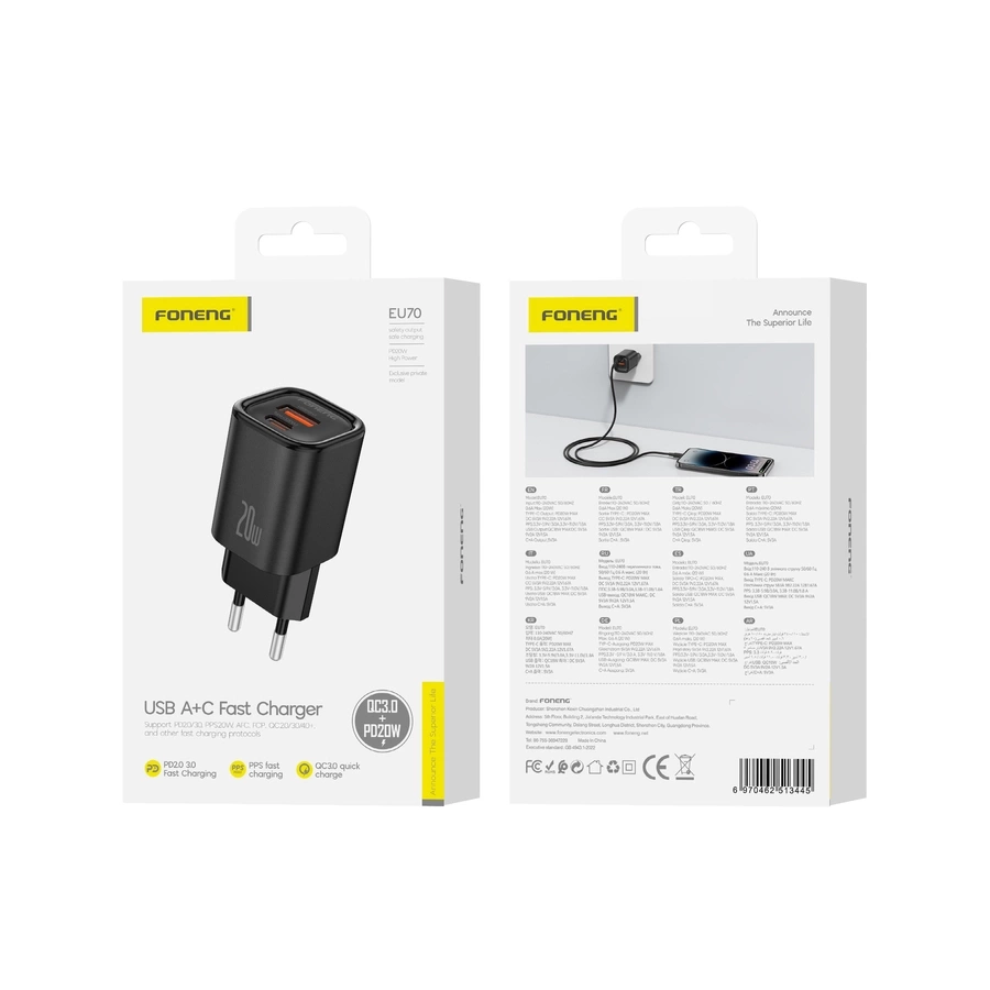 FONENG sienas lādētājs EU70 PD 20W 1xUSB-C + 1xUSB QC3.0 melns