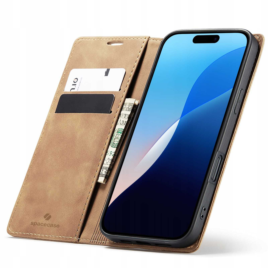 Spacecase Maciņš Wallet iPhone 16 Pro gaiši brūns