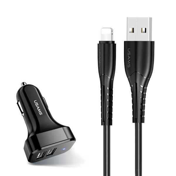 USAMS auto lādētājs 2xUSB C13 2,1A Lightning melns NTU35LC13TZ