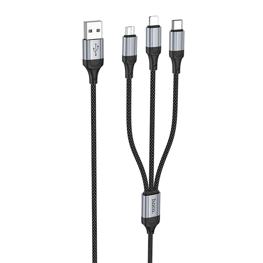 3in1 kabelis USB A uz Lightning / Micro USB / USB C Hoco 2,4A 1 m X102 melns