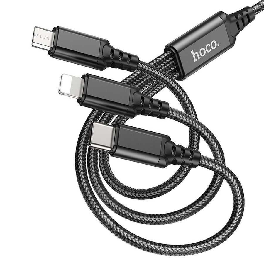 3in1 kabelis USB A uz Lightning / Micro USB / USB C Hoco 2A 1 m X76 melns