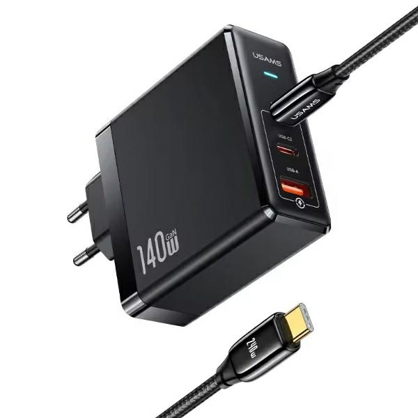 USAMS Tīkla lādētājs 2xUSB-C+1xUSB T52PD140W PD Fast Charging US-CC168 + kabelis U82 USB-C/USB-C US-SJ581 240W melns/black UM Series UMXLOGTC01