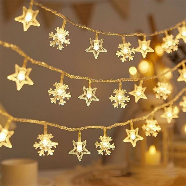 Lampki choinkowe LED snowflake/star -    3m/20 lampek ciepłe białe/warm balts zasilane bat. 3xAA EHD-LS04