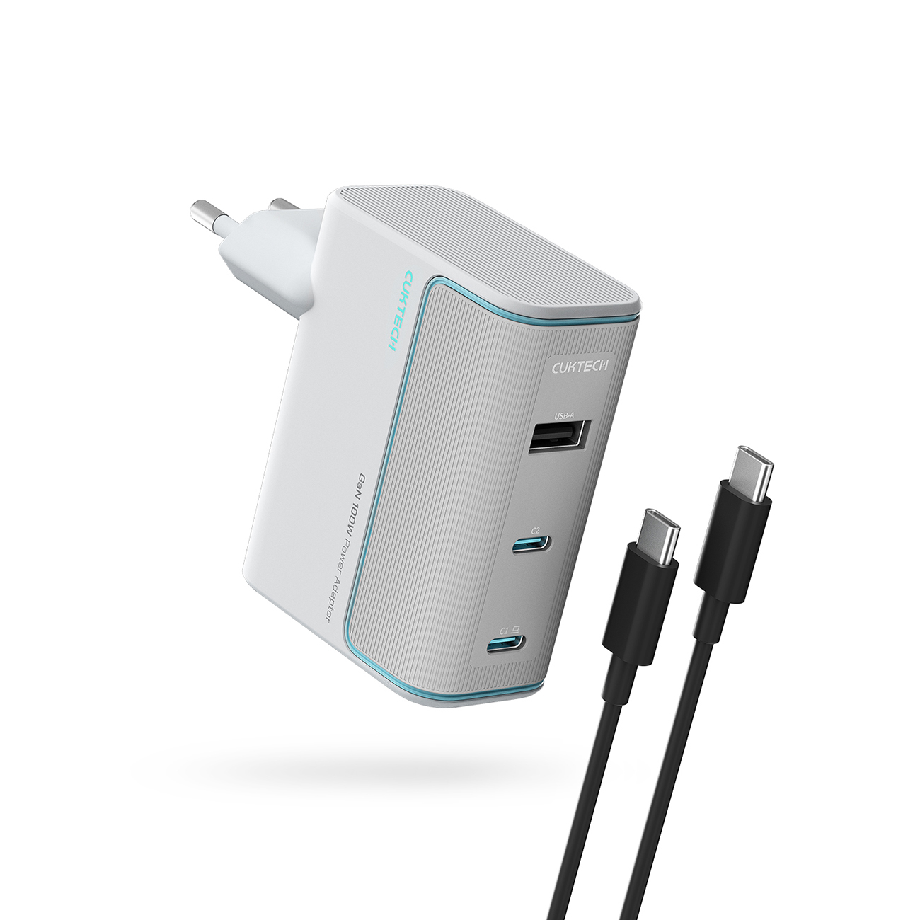 Cuktech AD1003EU 100W GaN 2x USB-C + USB-A sienas lādētājs ar kabeli - balts