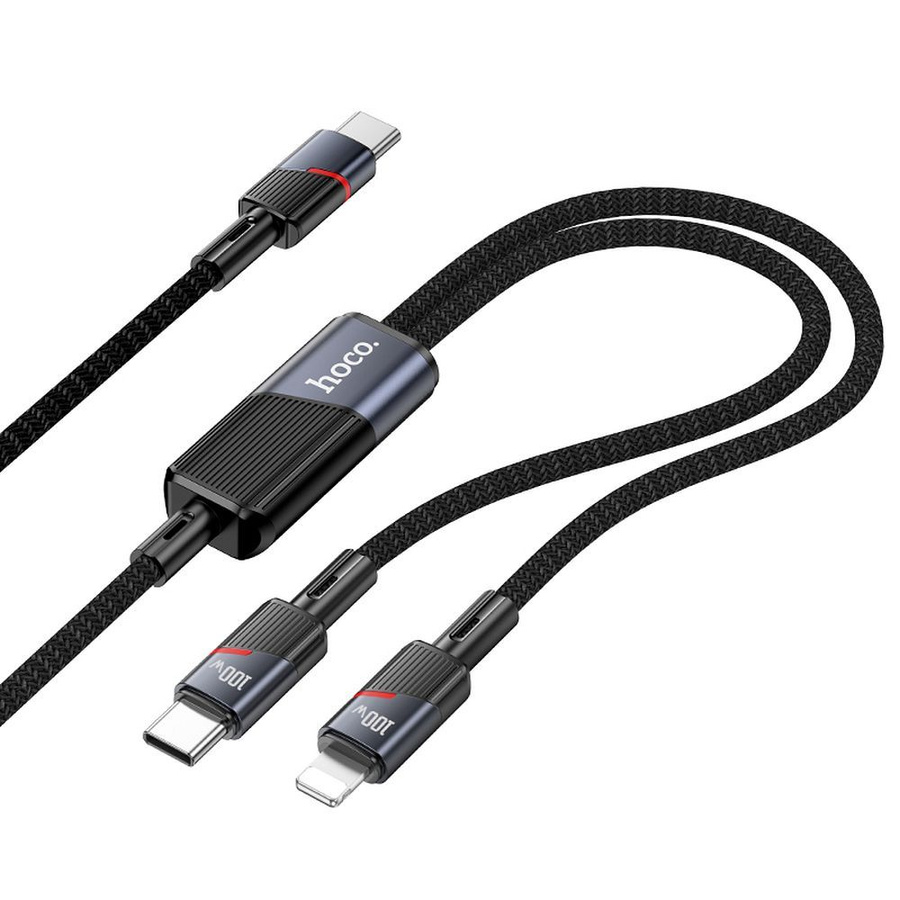 Kabelis 2in1 USB C uz USB C + Lightning Hoco 5A 100W 1,2 m U139 melns