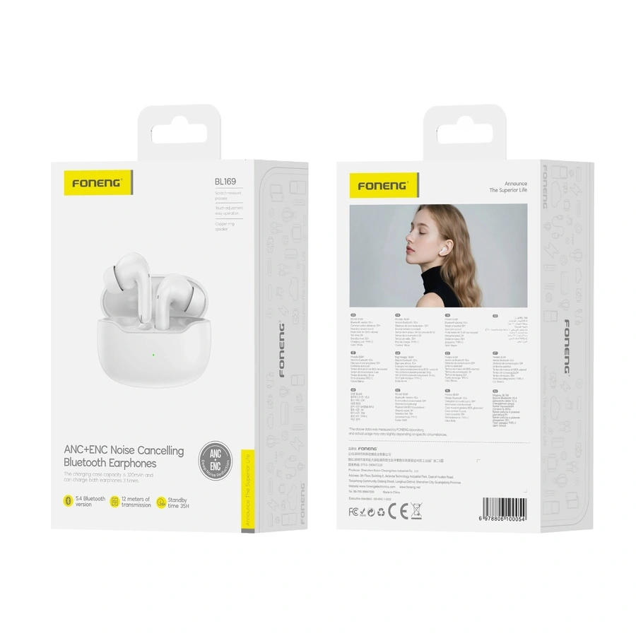 FONENG bezvadu austiņas (ANC+ENC) BL169 balts
