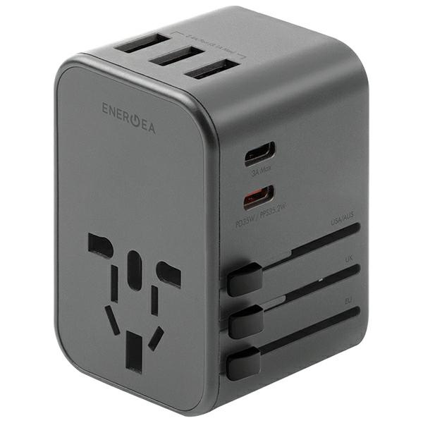 ENERGEA tīkla lādētājs 3xUSB+2xUSB-CPD-PPS-QC 3.0 35.5W 3A2C adapter 4w1 US/UA/EU/UK pelēks/gunmetal Travelworld