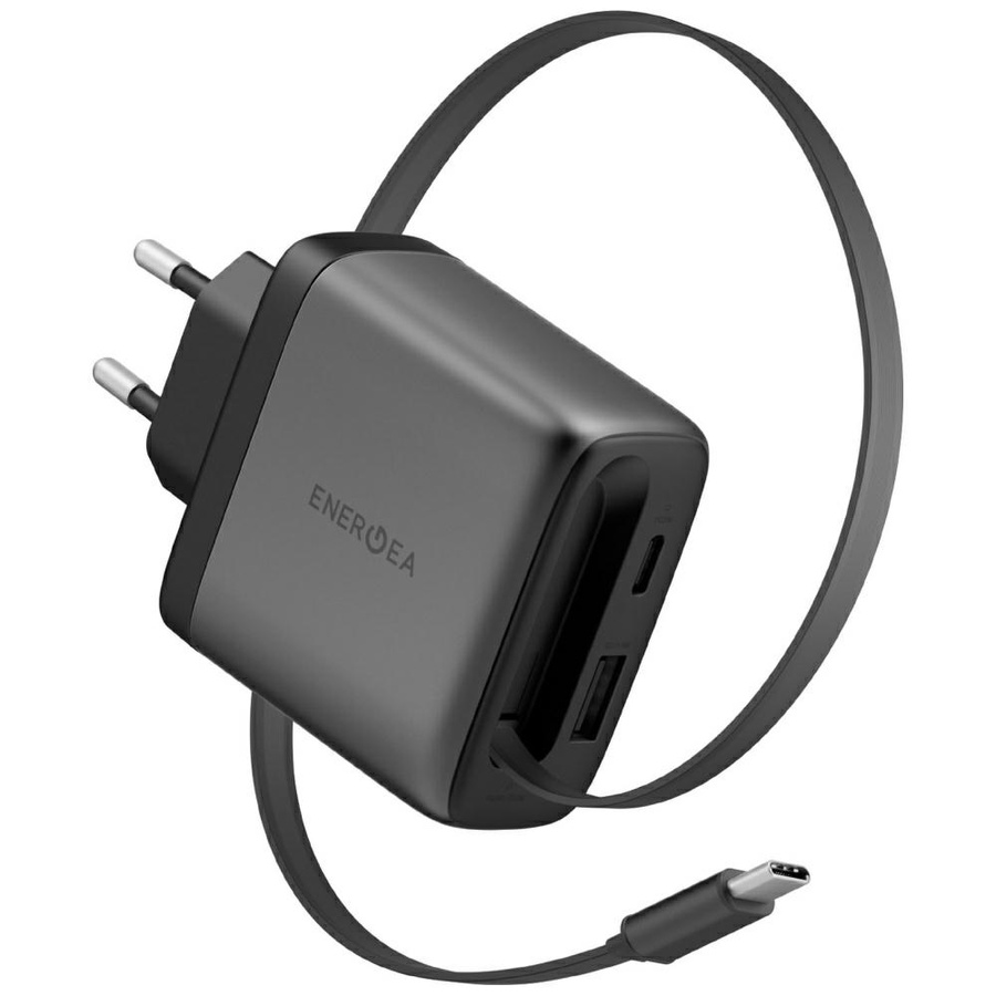 Tīkla lādētājs Energea Ampcharge Arc 65 USB-A/USB-C + satīšanās kabelis USB-C PD/PPS/QC3.0 GaN gunmetal