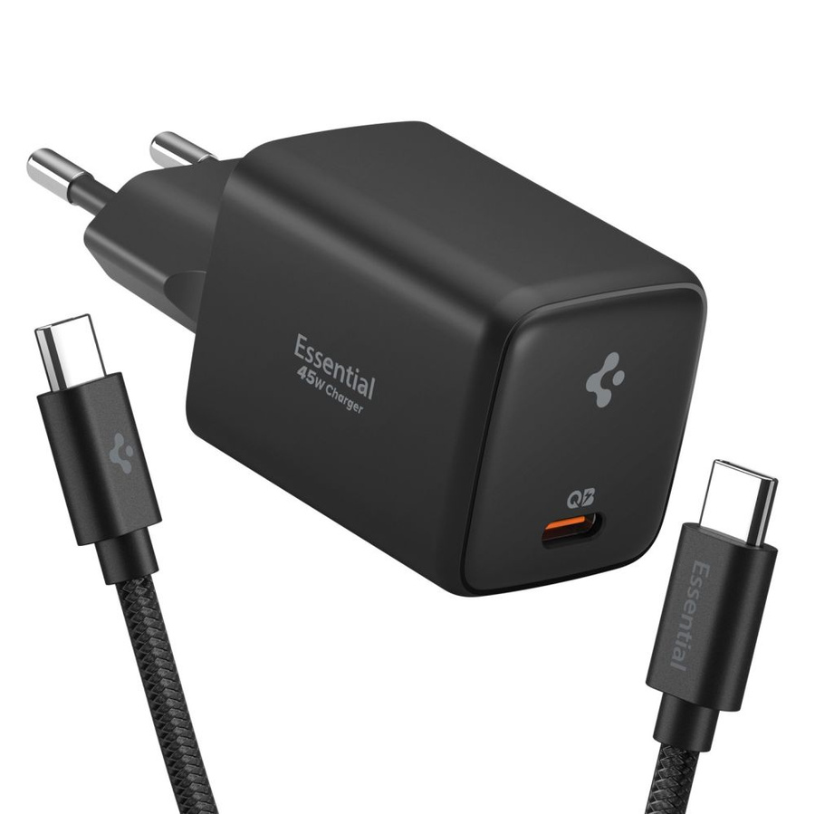 SPIGEN EE451EU ESSENTIAL 1-PORT NETWORK CHARGER 45W + TYPE-C CABLE melns